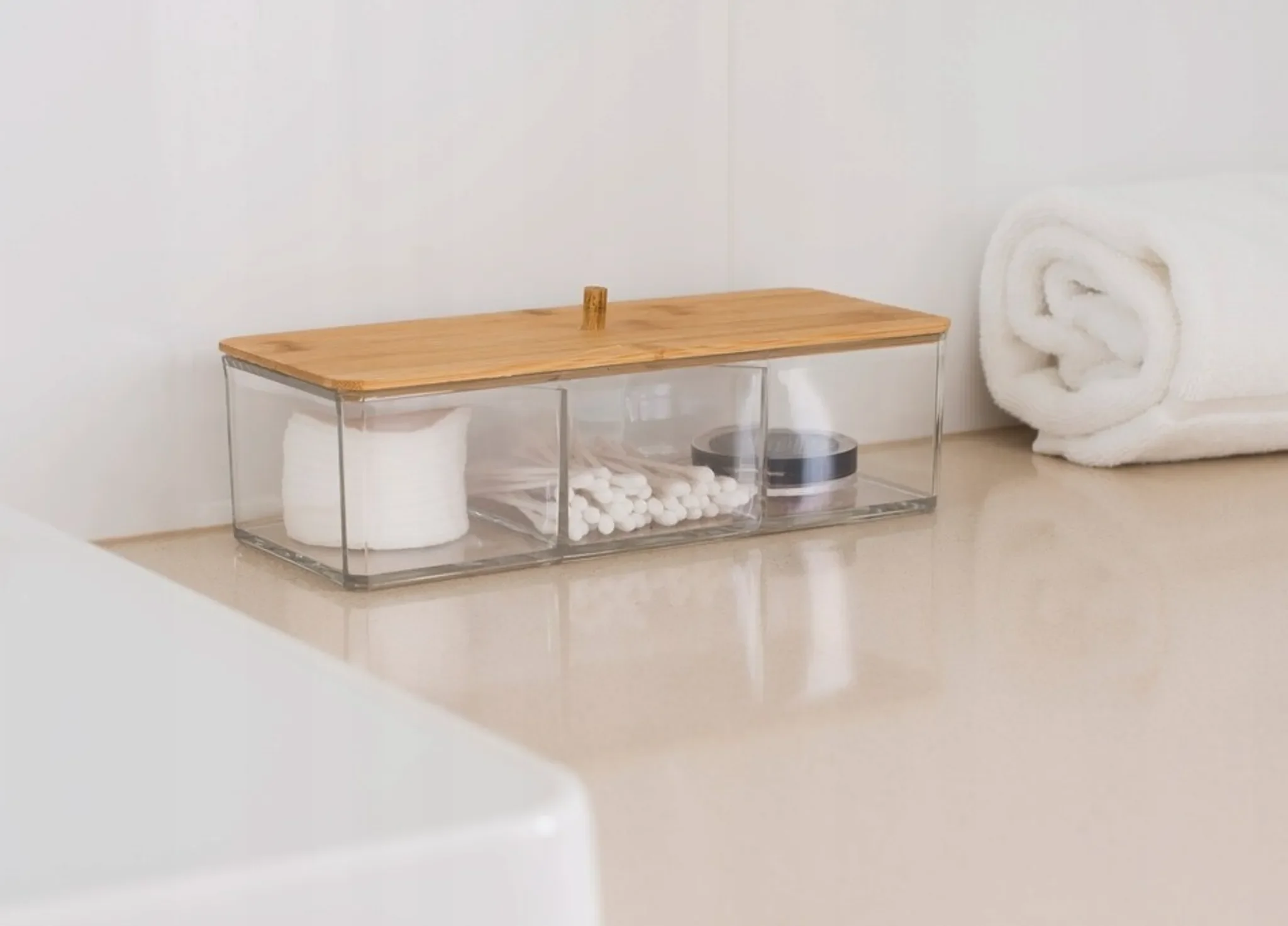 Eleganza Aufbewahrungsbehälter mit Bambusdeckel – 3-Fächer Organizer aus Acryl